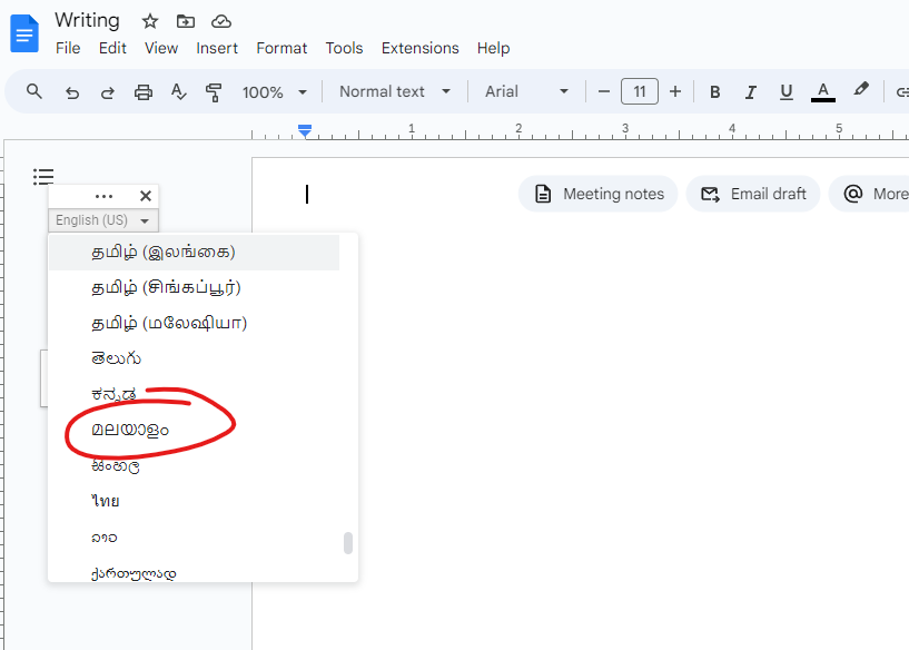 Find malayalam option in google doc for voice typing